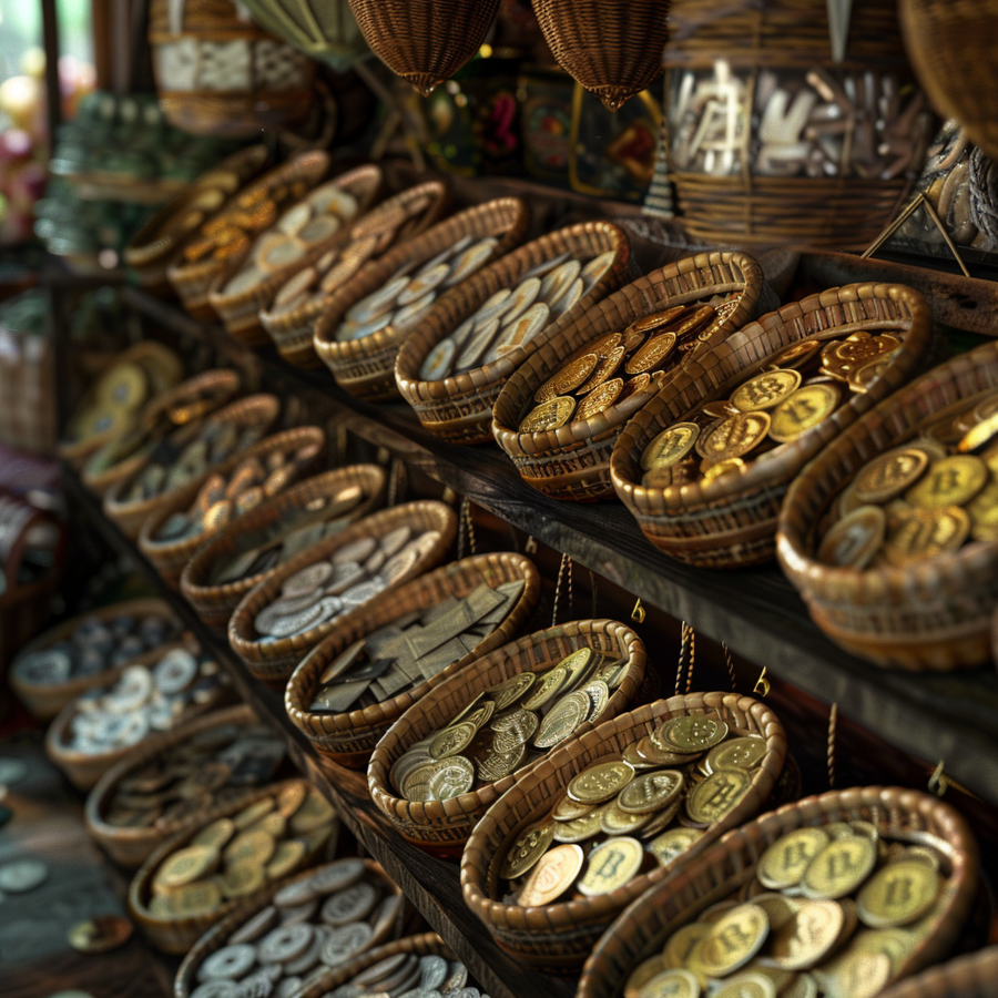 Fotorealistische afbeelding van een winkel die cryptoproducten verkoopt, met displays van munten in een moderne winkelomgeving