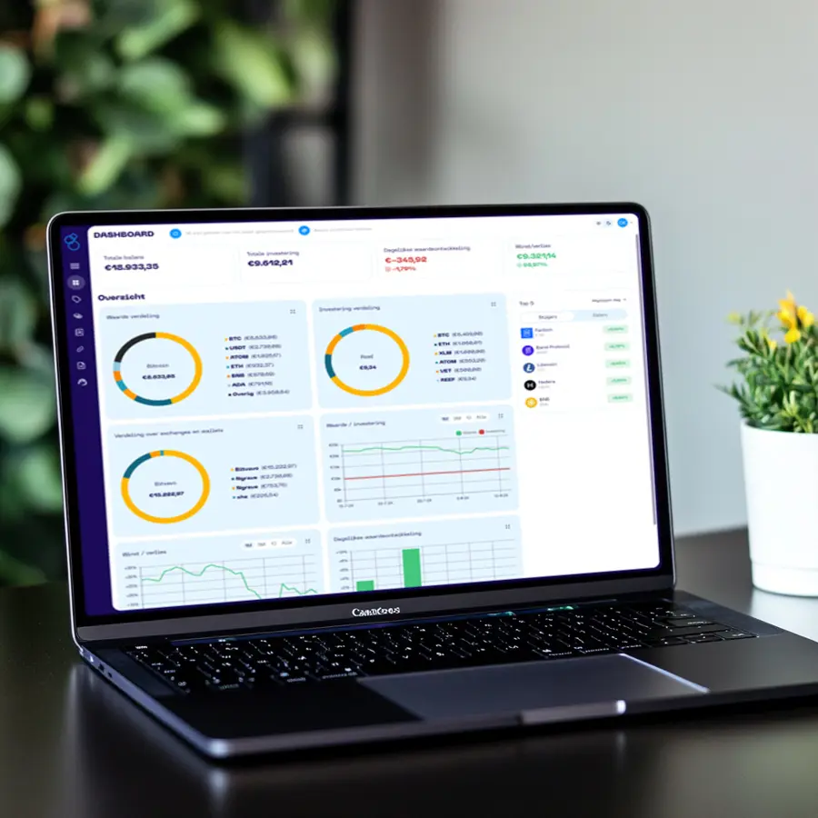 Een laptop met het dashbord van de Portfolio App