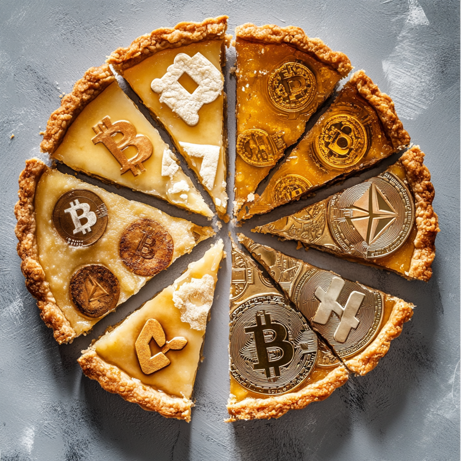 Een bovenaanzicht van een taart met daarop crypto tekens