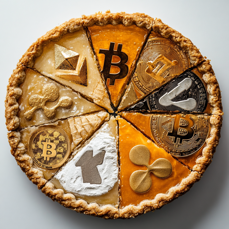 Een bovenaanzicht van een taart met daarop crypto tekens