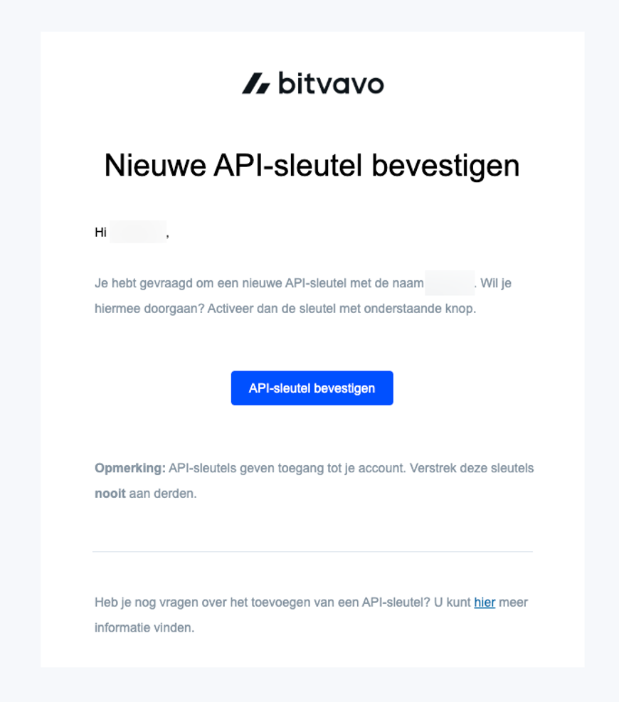 Bitvavo API Sleutel Bevestigen Mail