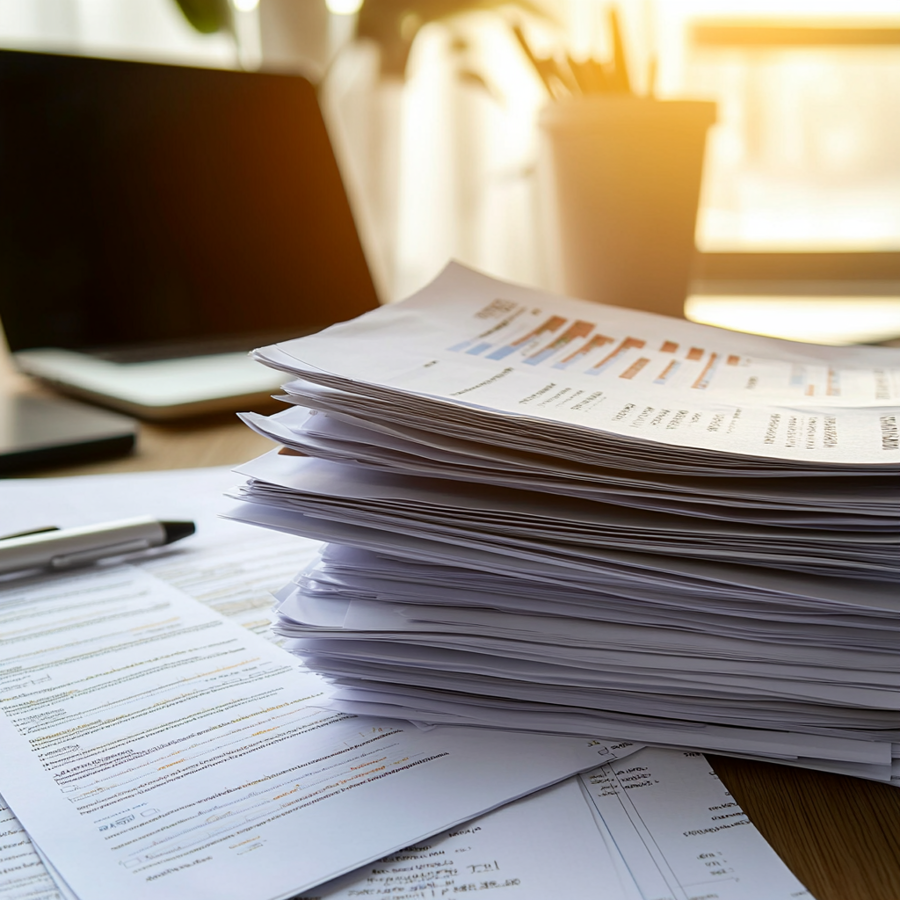 Een stapel documenten op een buro met een laptop vervaagd in de achtergrond.