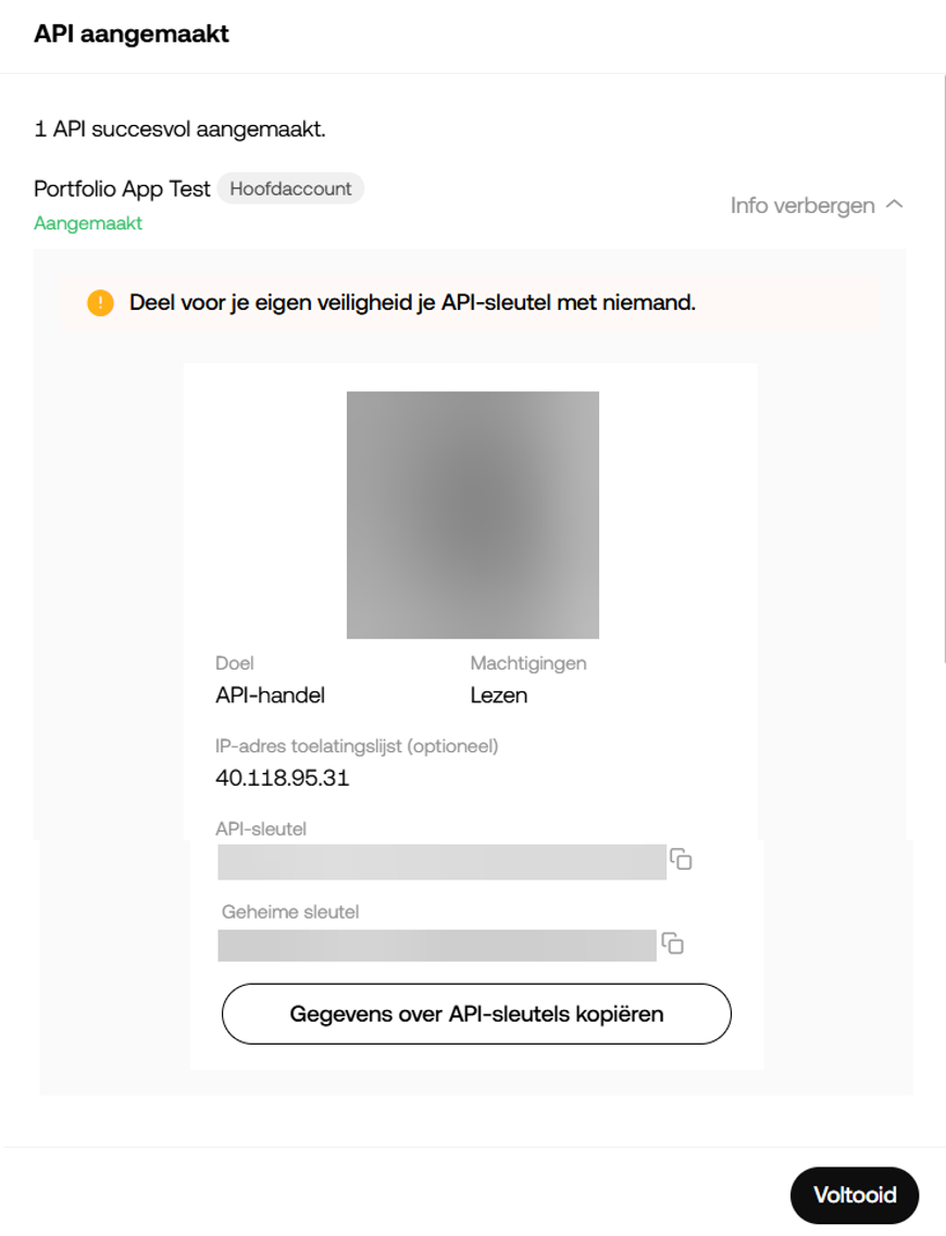 Het interface van OKX met een aanduiding van het aangemaakte API sleutel