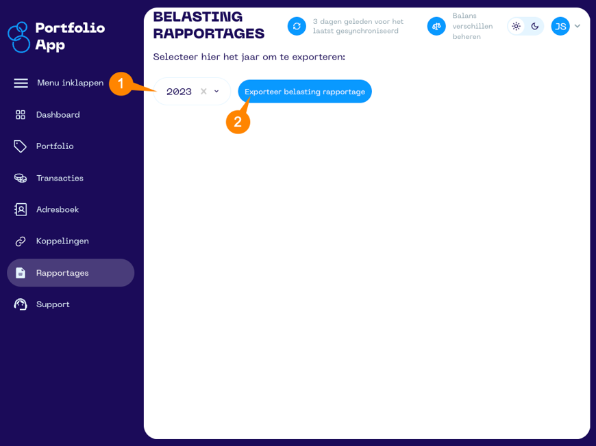 Een screenshot van de Portfolio App met schermonderdeel aanwijzingen voor het belasting rapportage scherm 1