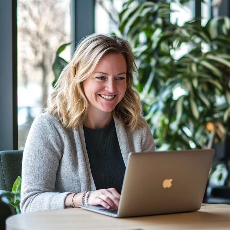 Een vrouw in de dertig met blond haar en een grijze vest en zwart shirt die glimlachend op een macbook werkt.