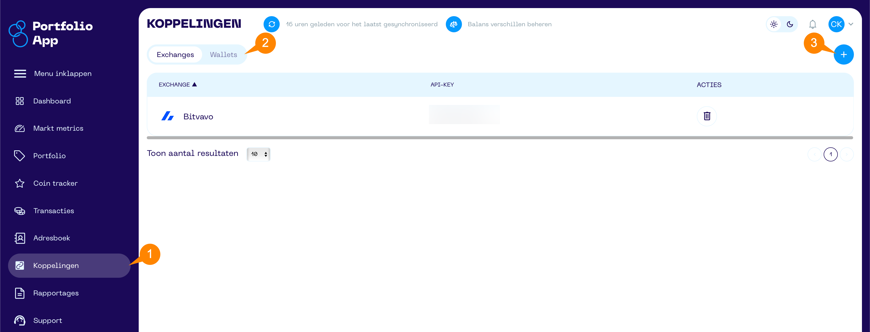 Een screenshot van de Portfolio App met schermonderdeel aanwijzingen voor het exchange koppeling toevoegen scherm