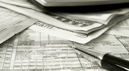 Een close-up van een rekenmachine die boveop papieren ligt met een ballpoint pen.