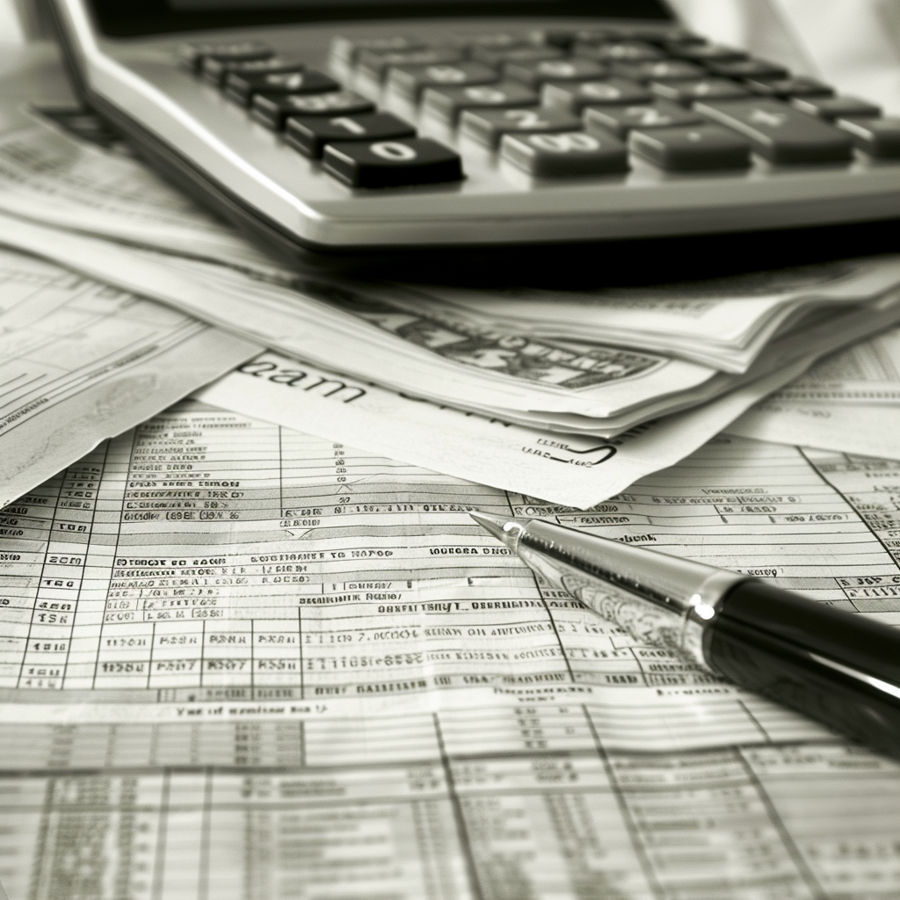 Een close-up van een rekenmachine die boveop papieren ligt met een ballpoint pen.