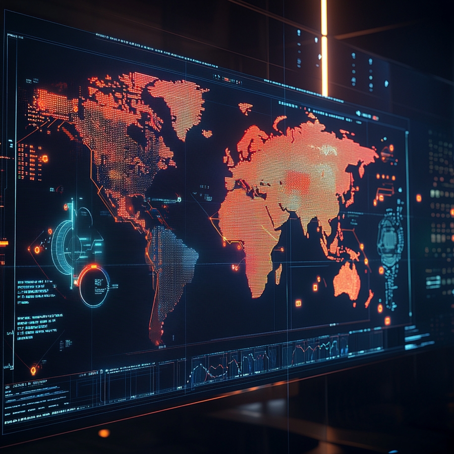 Een digitale kaart van de wereld met de kleuren blauw en oranje