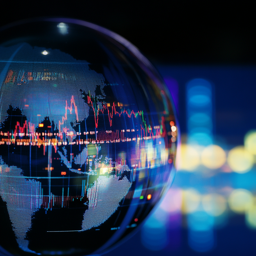 Een wereldbol waarop markten en data stromen zichtbaar zijn