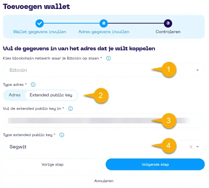 Een screenshot van de Portfolio App met schermonderdeel aanwijzingen voor het wallet toevoegen scherm 2