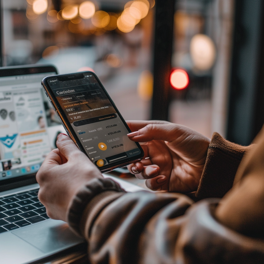 Een foto van iemand die een mobiel vast houdt met in de achtergrond een laptop op een buro.