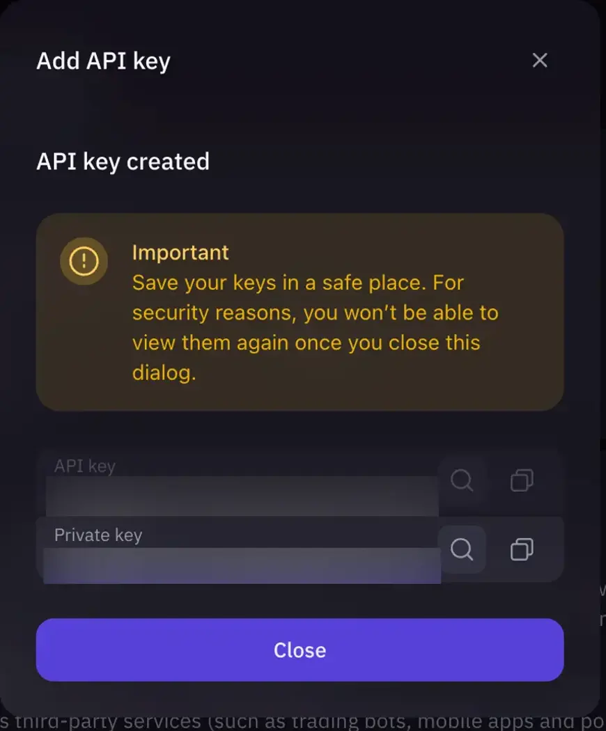 Screenshot van Kraken met de api sleutel en melding