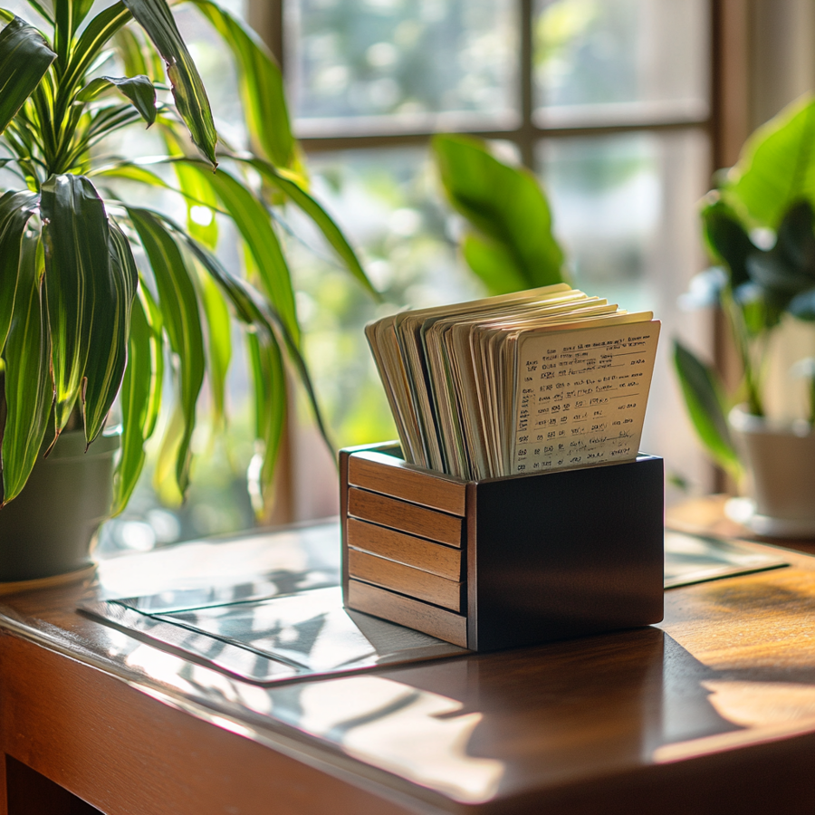 Een ouderwets kaartenbak met contact gegevens