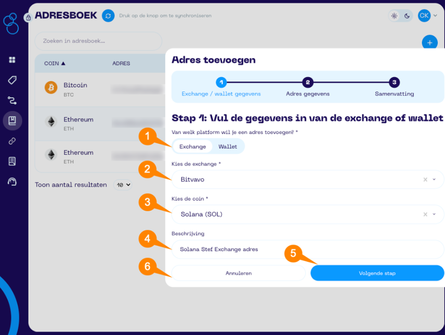 Een screenshot van de Portfolio App met schermonderdeel aanwijzingen voor het adres toevoegen scherm