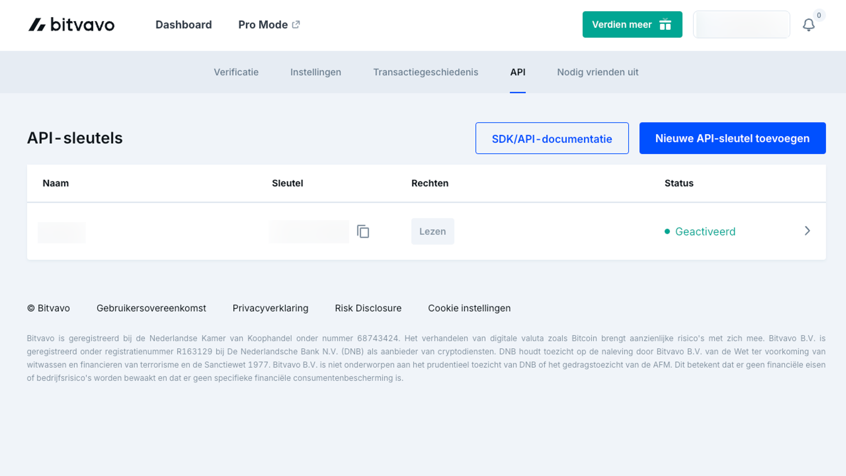 Bitvavo overzicht API Sleutel Geactiveerd