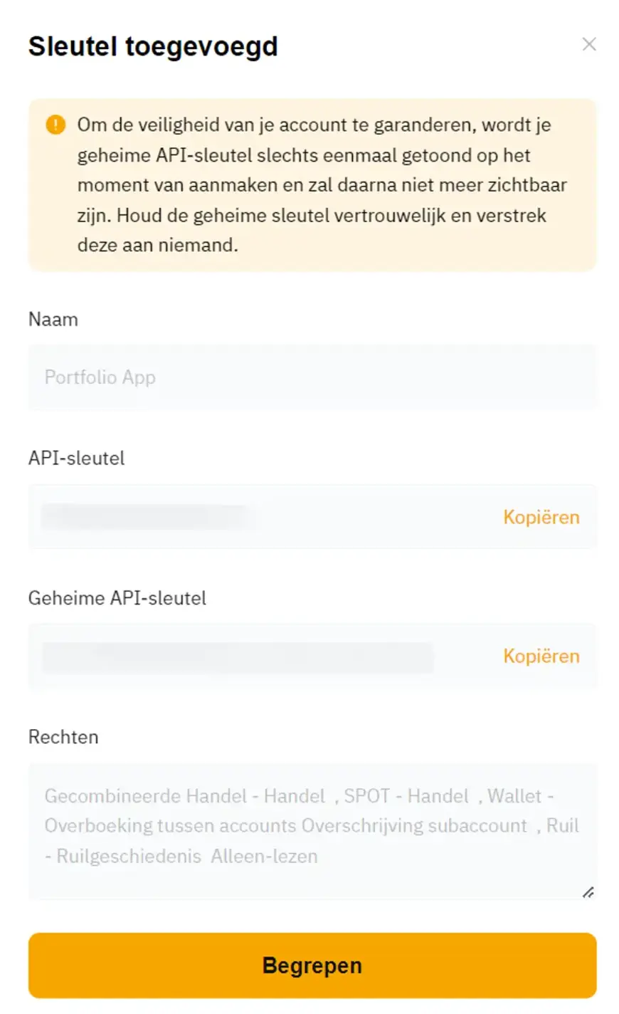 Screenshot van Bybit met api sleutel informatie