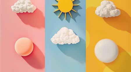 Drie verticale strokien in de kleuren roze, blaue en geel met wolkjes