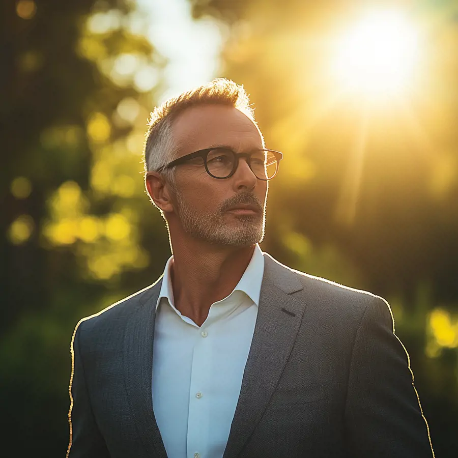 Een oudere man in een grijs pak die naar rechts kijkt met zon in de achtergrond.