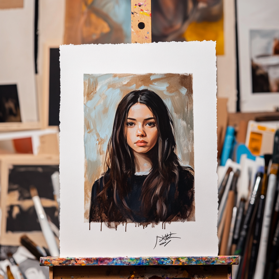 Een aquarel schilderij van een vrouw op een ezel met andere schilderijen in de achtergrond.