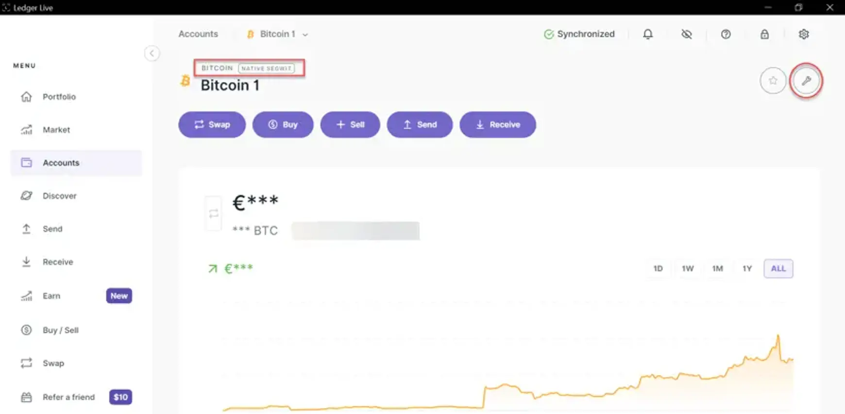 Een screenshot van Ledger over het Bitcoin deel.