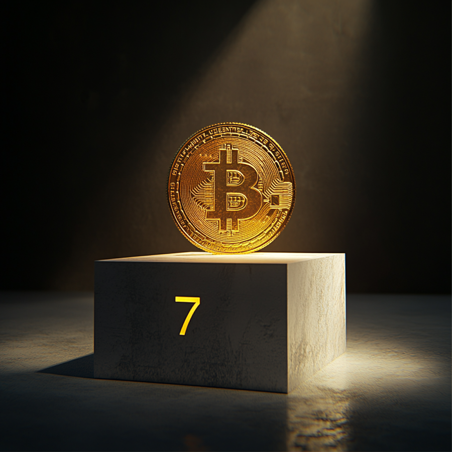 Bitcoin op een platform met daarop het nummer 7