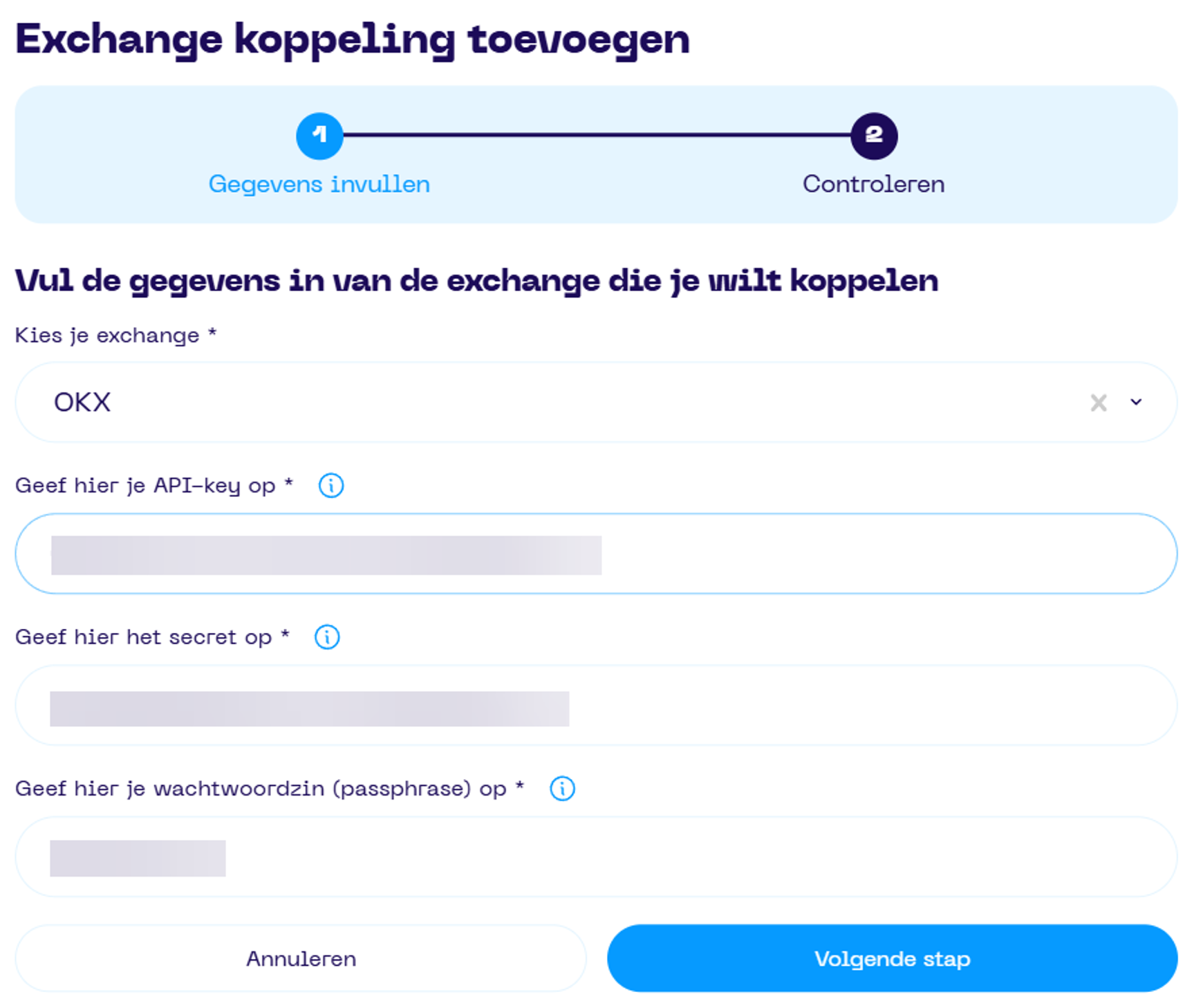 Het scherm van het toevoegen van een Exchange met OKX en API sleutel gegevens ingevuld.