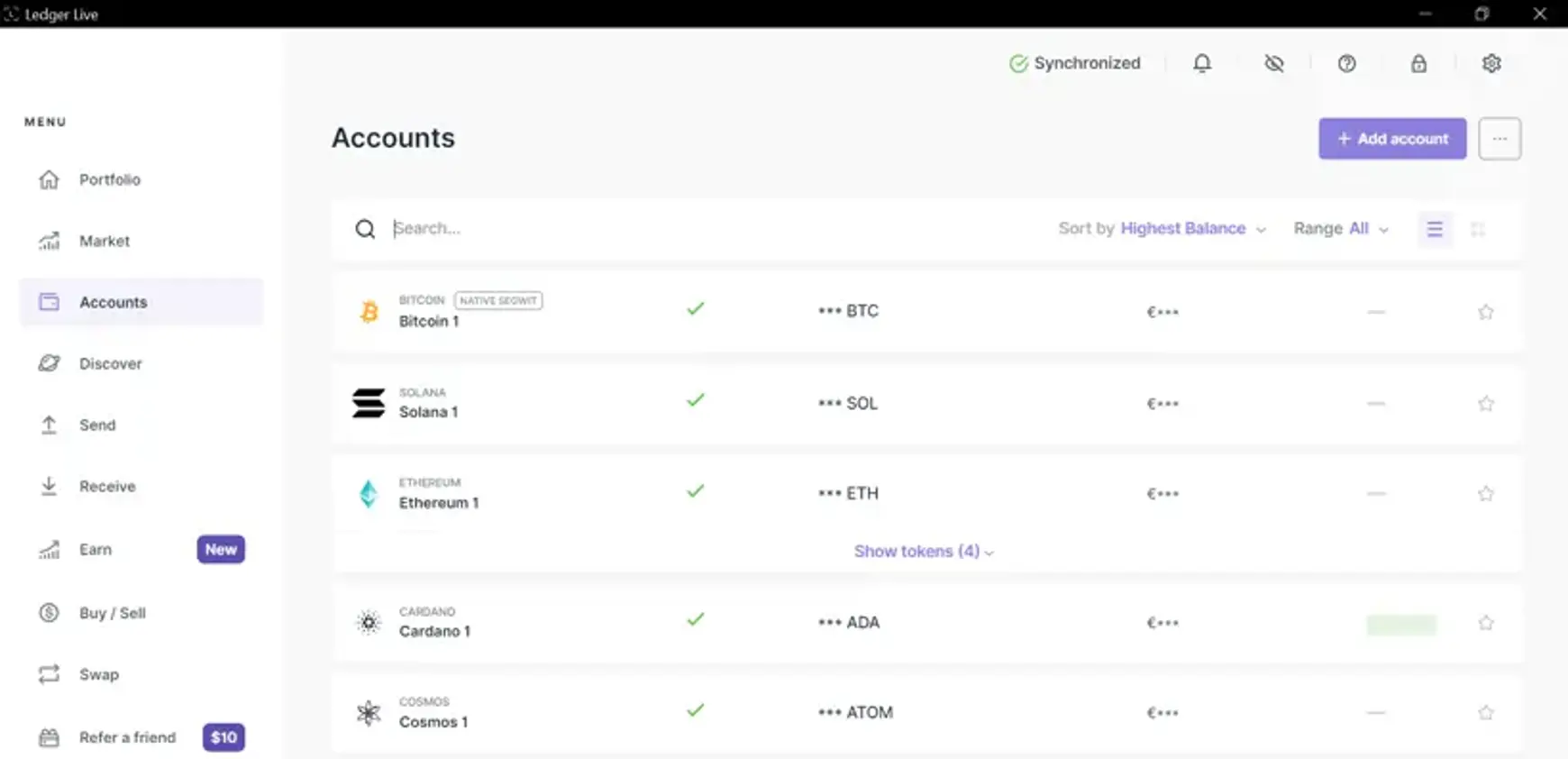 Een screenshot van Ledger van het Accounts scherm