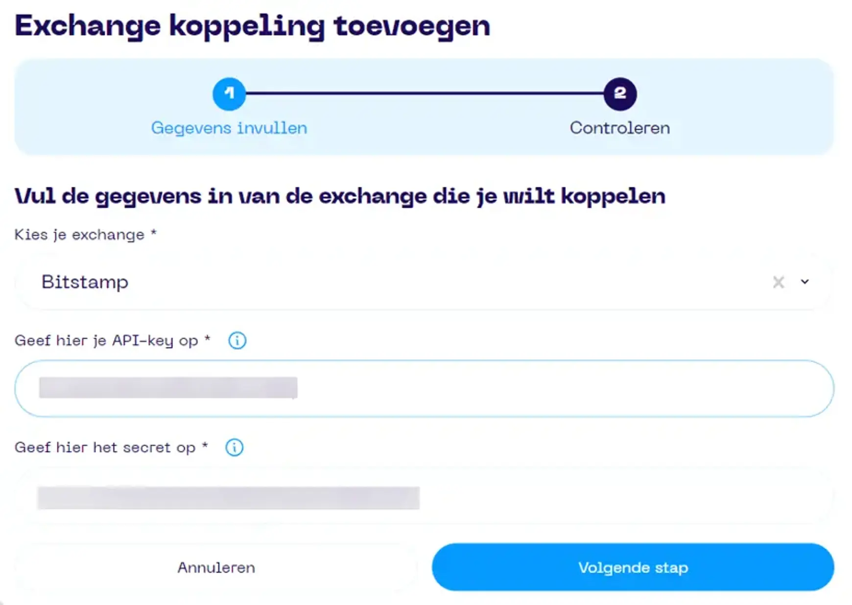 Een screenshot van de Portfolio App met schermonderdeel aanwijzingen voor koppelen van Bitstamp stap 1