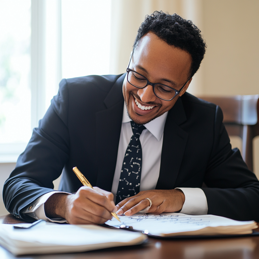 Een jonge man die met een gouden pen aan het schrijven is