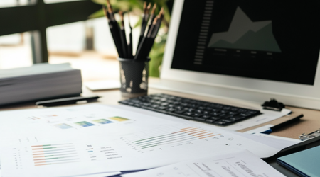 Een buro met een computer en papieren die grafieken hebben.