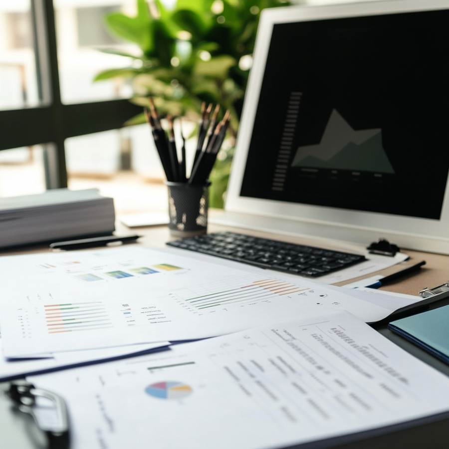 Een buro met een computer en papieren die grafieken hebben.