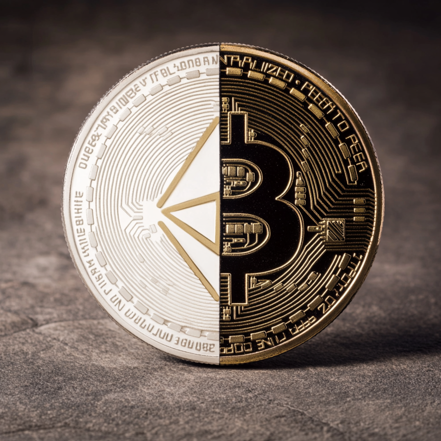 Een munt met aan de linker kant ethereum en de rechter kant bitcoin