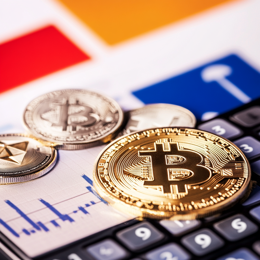 Illustratie van het rapporteren van cryptobeleggingen voor Nederlandse belasting, met een digitaal portefeuilleoverzicht van cryptomunten, winstberekeningen en belastingformulieren, symbool voor nauwkeurigheid en naleving van de Belastingdienst.