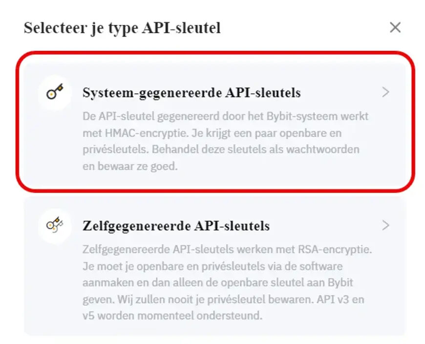 Screenshot van Bybit met een aanwijzing voor selecteren van systeem-gegenereerde API-sleutels
