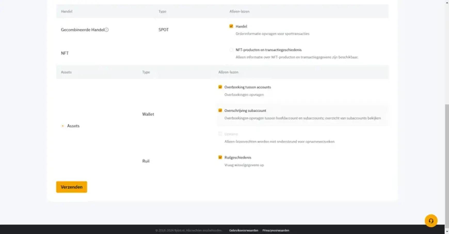 Screenshot van Bybit met een overzicht voor het invullen van api sleutel details deel 2