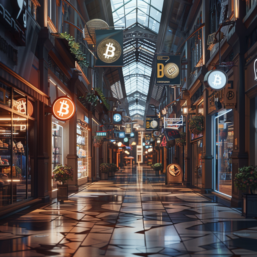 Een winkel centrum met borden waar crypto op staat.