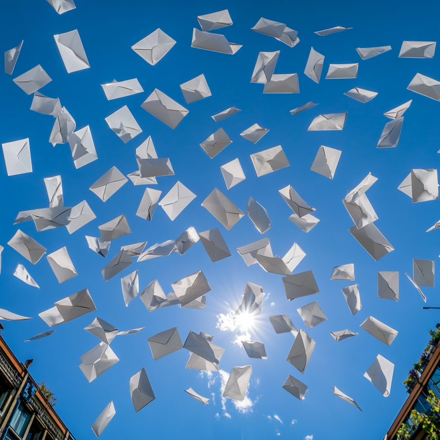 Heel veel witte enveloppen tegen een blauwe lucht