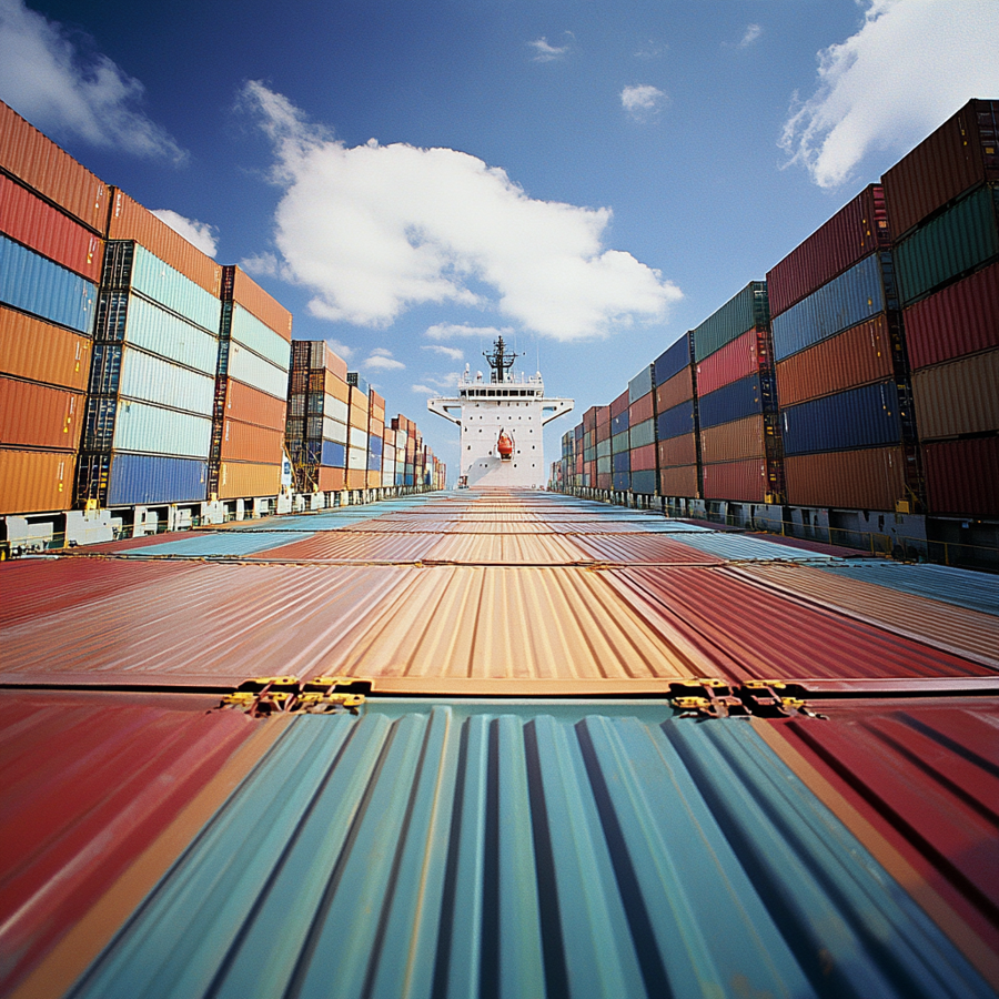 Een containerschip met veel kleurige containers met het stuurhut in zicht