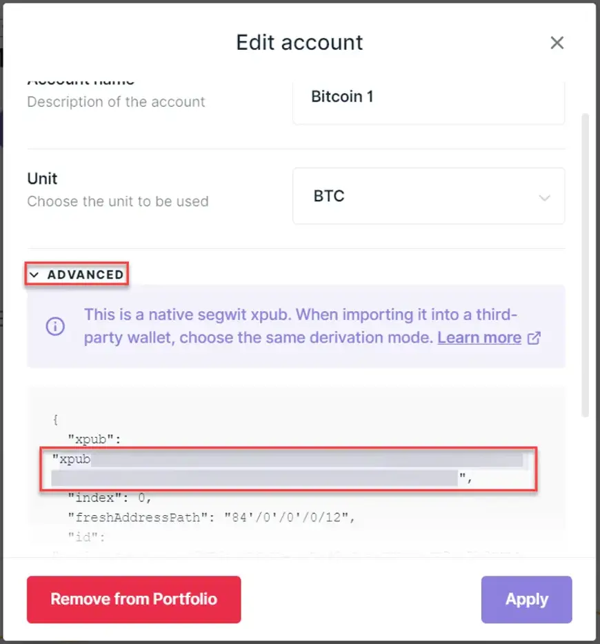 Een screenshot van Ledger over het Bitcoin xpub adres scherm