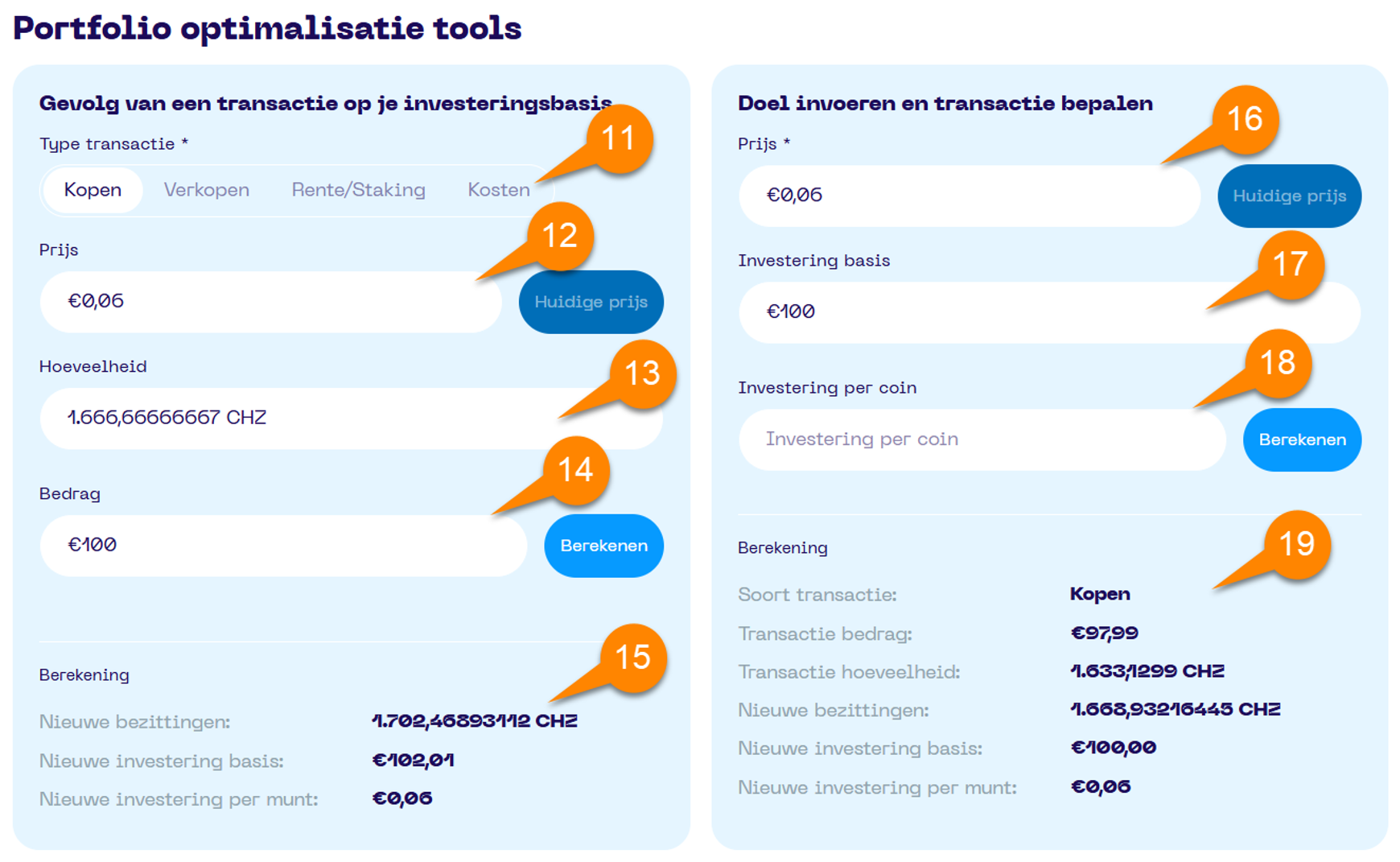 Coin Dashboard portfolio optimalisatie tool overzicht met ballonnen die genummerd zijn.