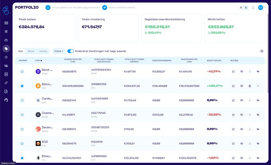 Een screenshot van de Portfolio App met een overzicht van het Portfolio Scherm.