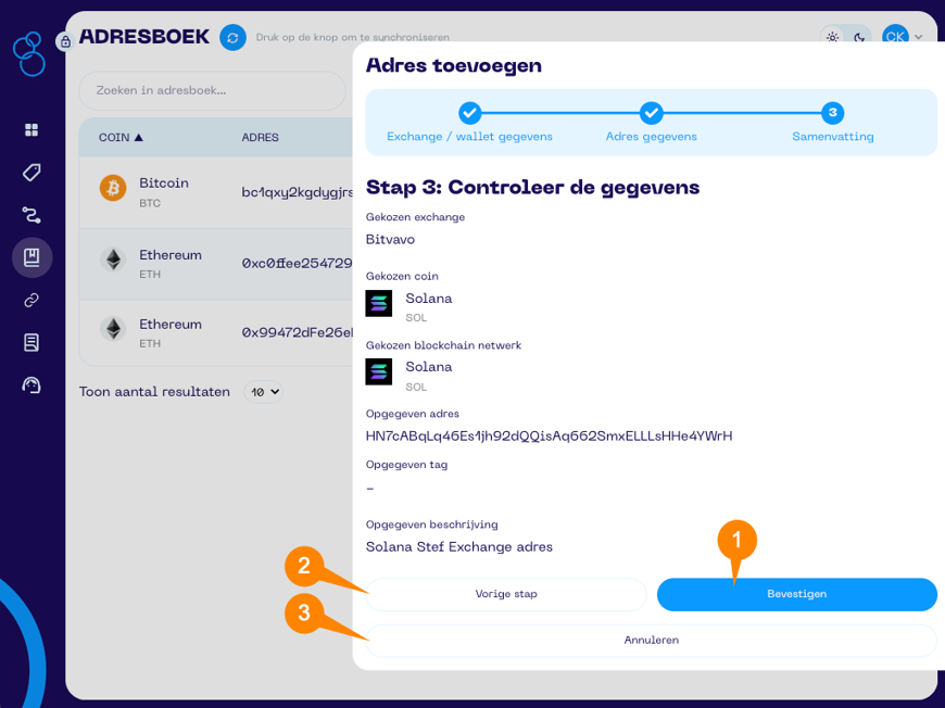 Een screenshot van de Portfolio App met schermonderdeel aanwijzingen voor het adres toevoegen scherm
