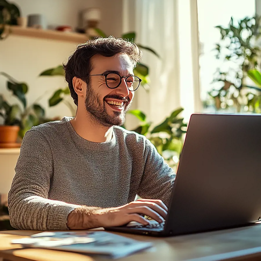 Een man in de 30 met een baard en bril, grijze trui die glimlachend aan een laptop werkt.