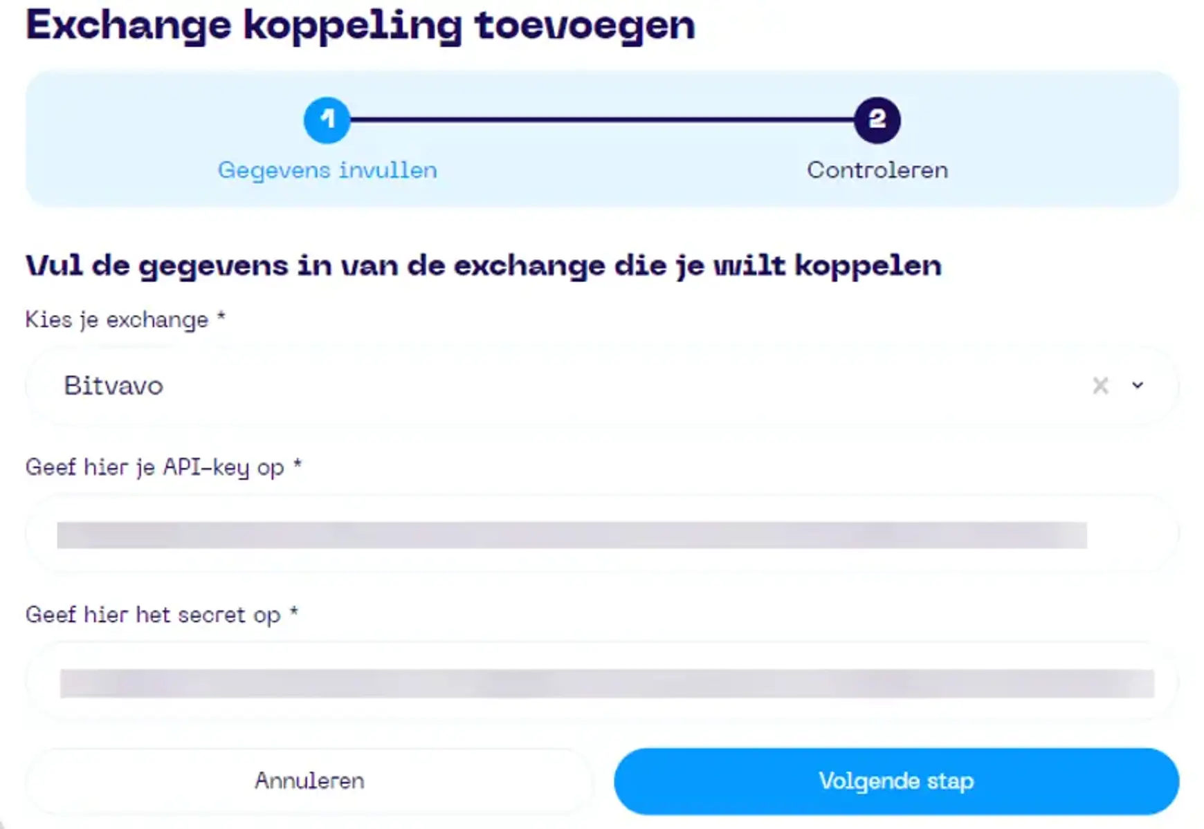 Een screenshot van de Portfolio App met schermonderdeel aanwijzingen voor het exchange toevoegen scherm