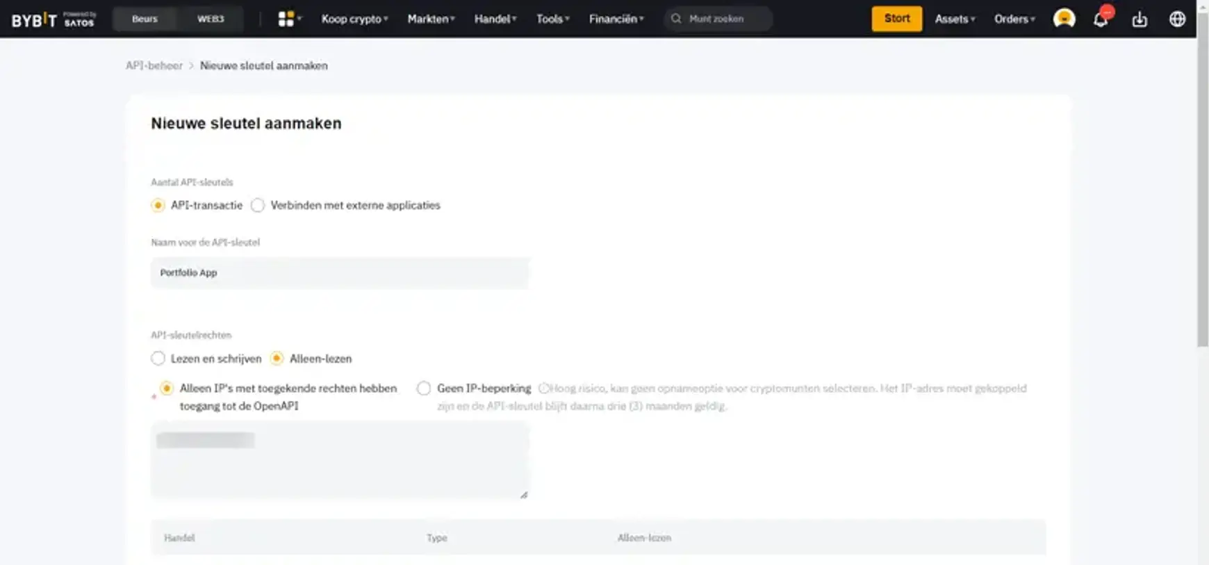 Screenshot van Bybit met een overzicht voor het invullen van api sleutel details deel 1