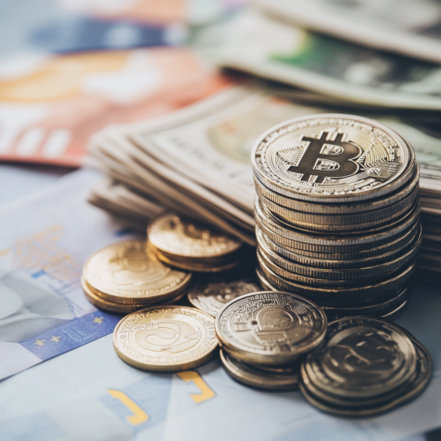 een stapel bitcoins en andere munten op bankbiljetten