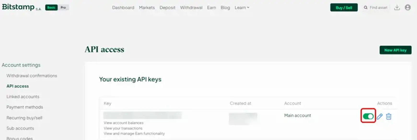 Screenshot van Bitstamp met een overzicht van de api keys