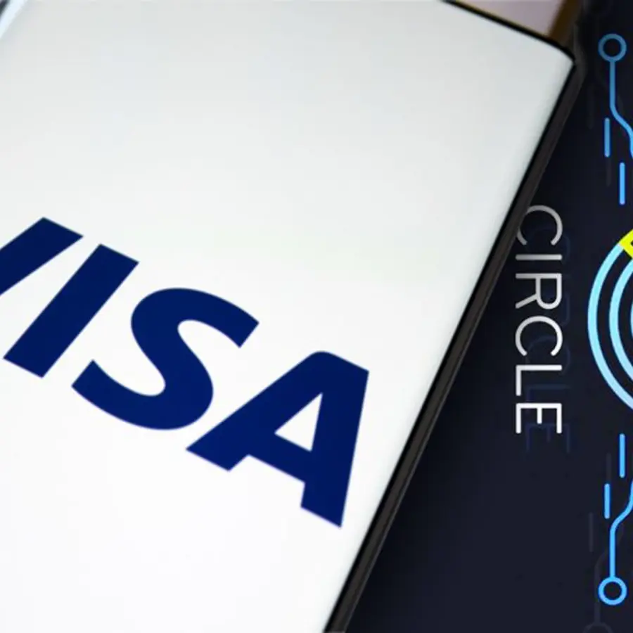 De logos van visa en circle met de stable coin USDC