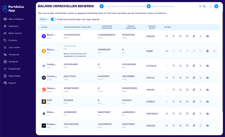 Een screenshot van de Portfolio App met een overzicht van het balans verschillen beheren scherm.